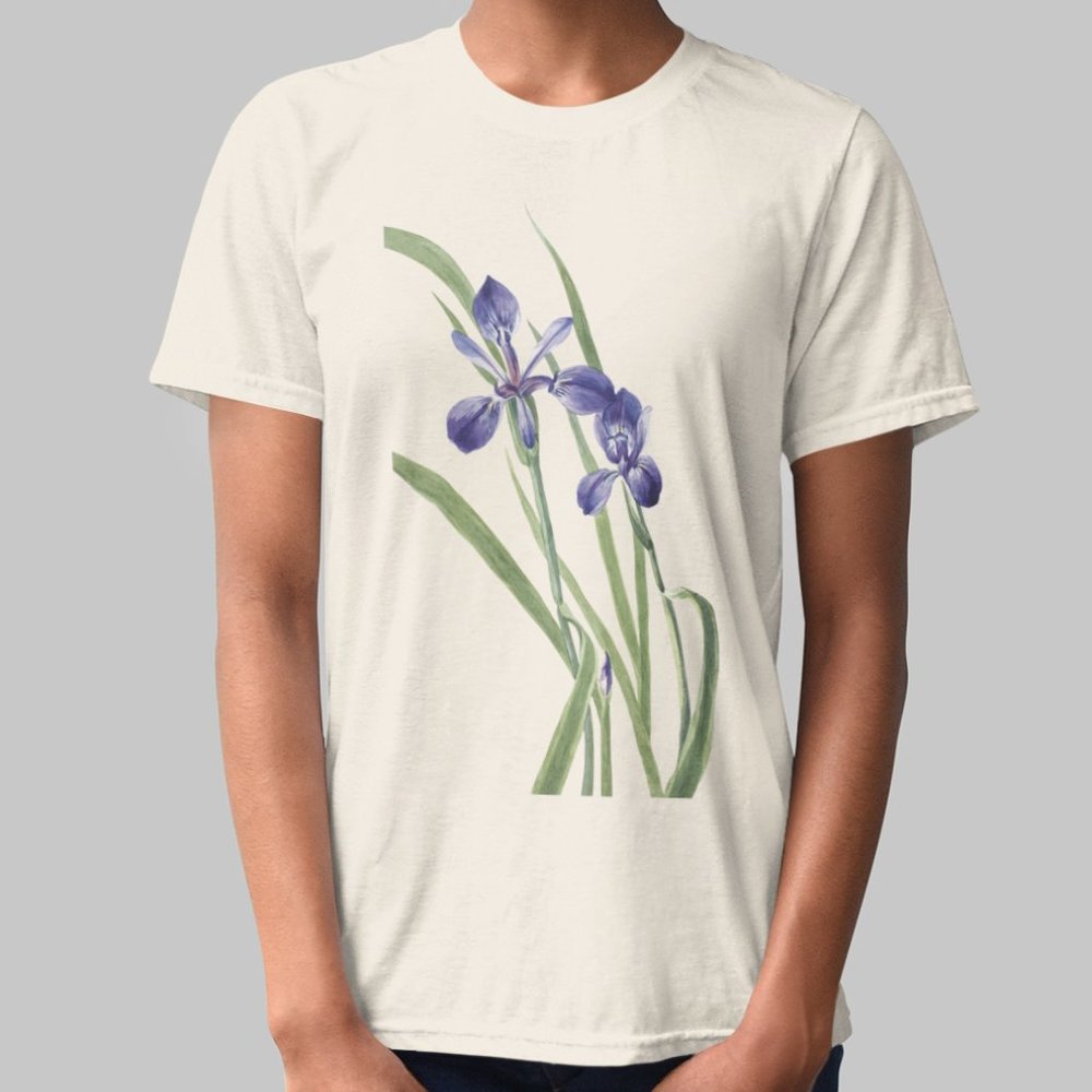 Blue Flag Purple Iris VTG Floral Print Short Sleeve Graphic Tee T-shirt S M L XL